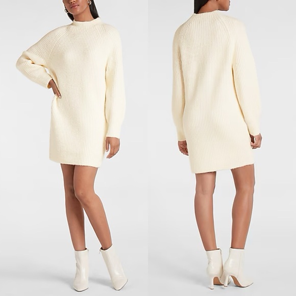 EXPRESS Sweater Shift Dress Knit Mock Neck Long Sleeve Ivory XS - Picture 11 of 12